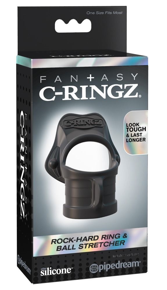 Schwarzer C-Ringz-Ball-Stretcher in Verpackung. Text: "Fantasy C-Ringz", "Rock-Hard Ring & Ball Stretcher", "silicone", "pipedream".