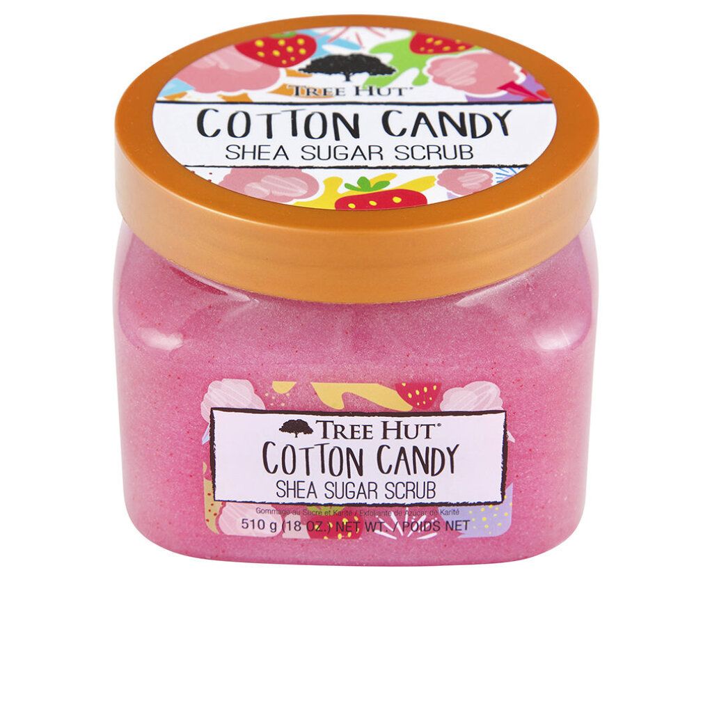 Rosa Tiegel mit Deckel. Aufschrift: Cotton Candy Shea Sugar Scrub. Marke: Tree Hut. Etikett mit Inhaltsangabe.