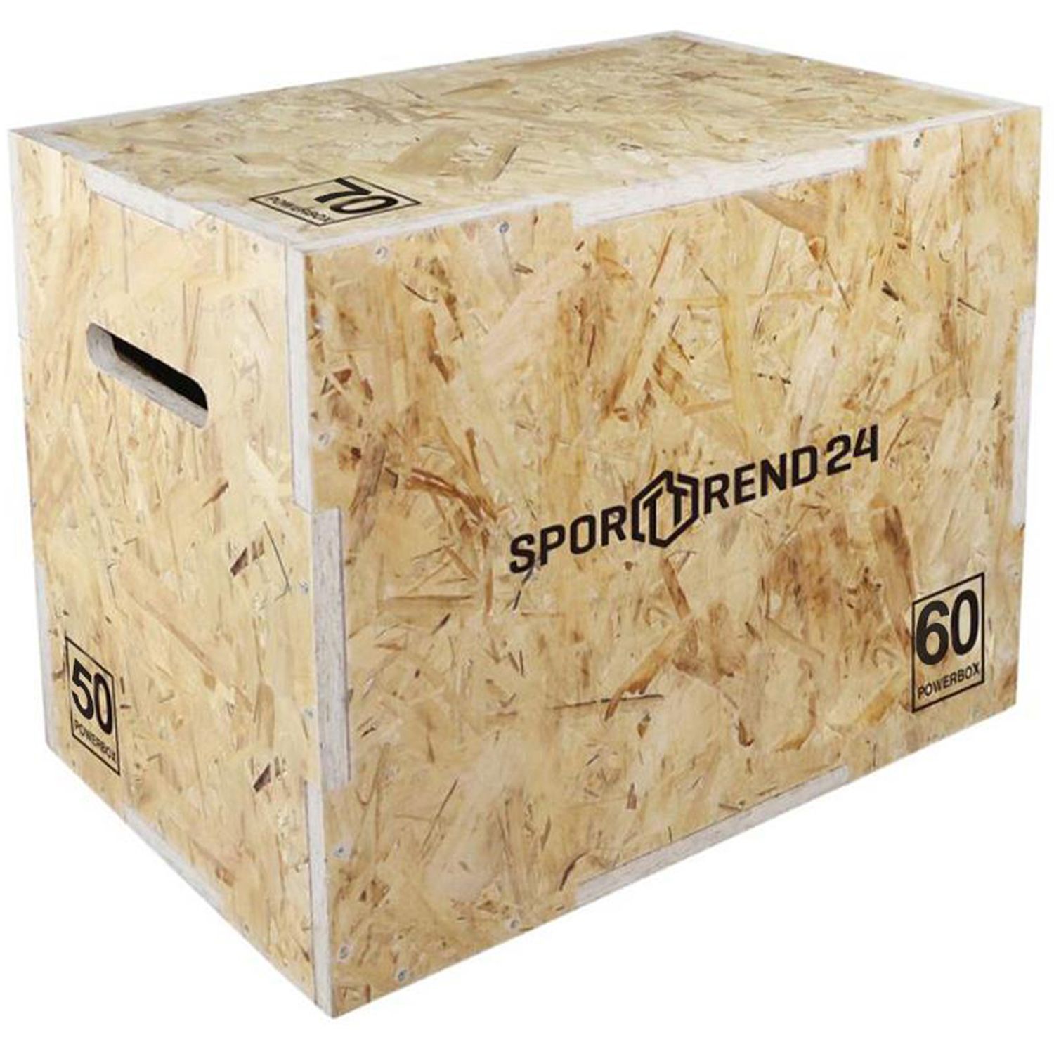 Holz-Plyo-Box mit Griffen und Aufdrucken. Aufschrift: Sporttrend24. Seiten mit Zahlen 50, 60, 70. Holzoptik.