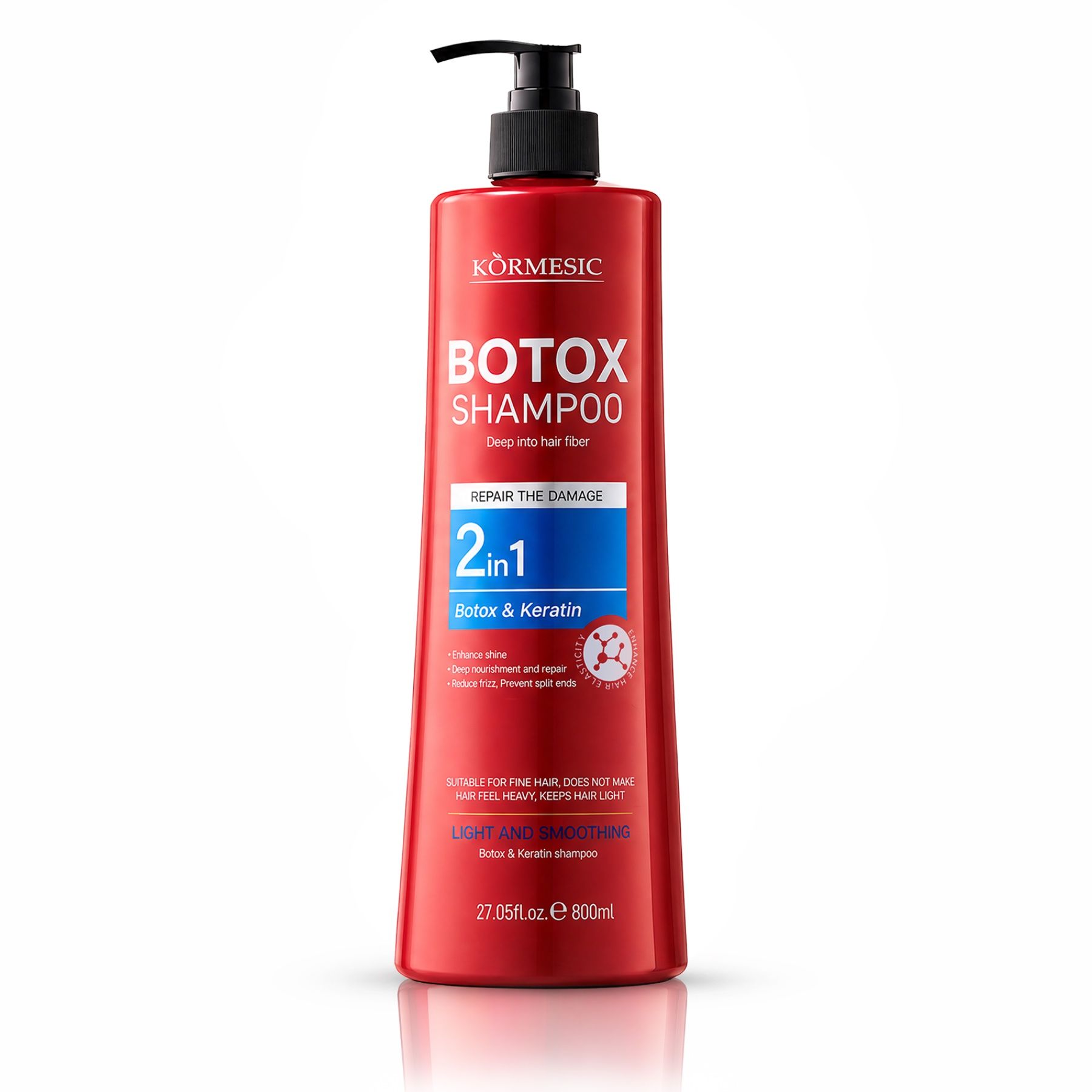 Rote Flasche mit Pumpspender: Kormesic Botox Shampoo 2in1 mit Botox & Keratin.