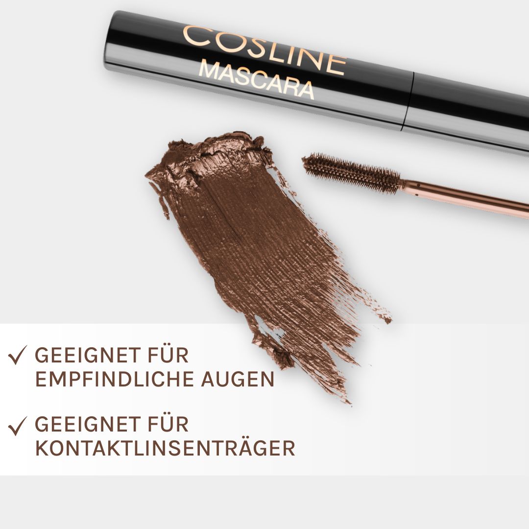 Cosline Mascara: braune Textur, geeignet für empfindliche Augen und Kontaktlinsenträger.