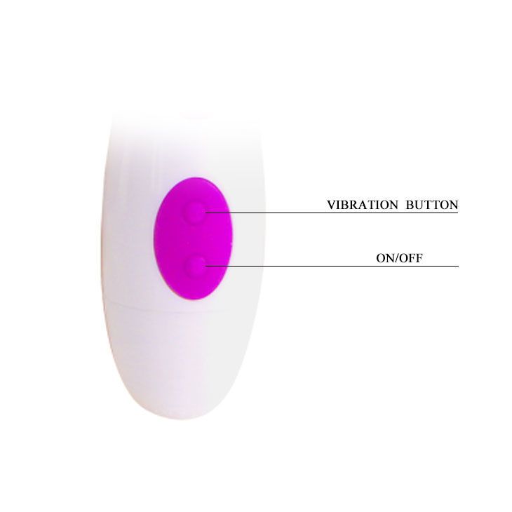 Lila und weißer Vibrator mit zwei flexiblen Stimulatoren und zwei Knöpfen am Griff.