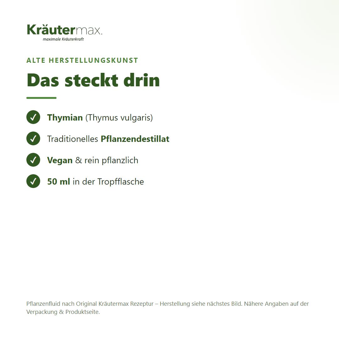 Informationen zu Kräutermax Thymian Fluid: Enthält Thymian, traditionelles Destillat, vegan, 50 ml.