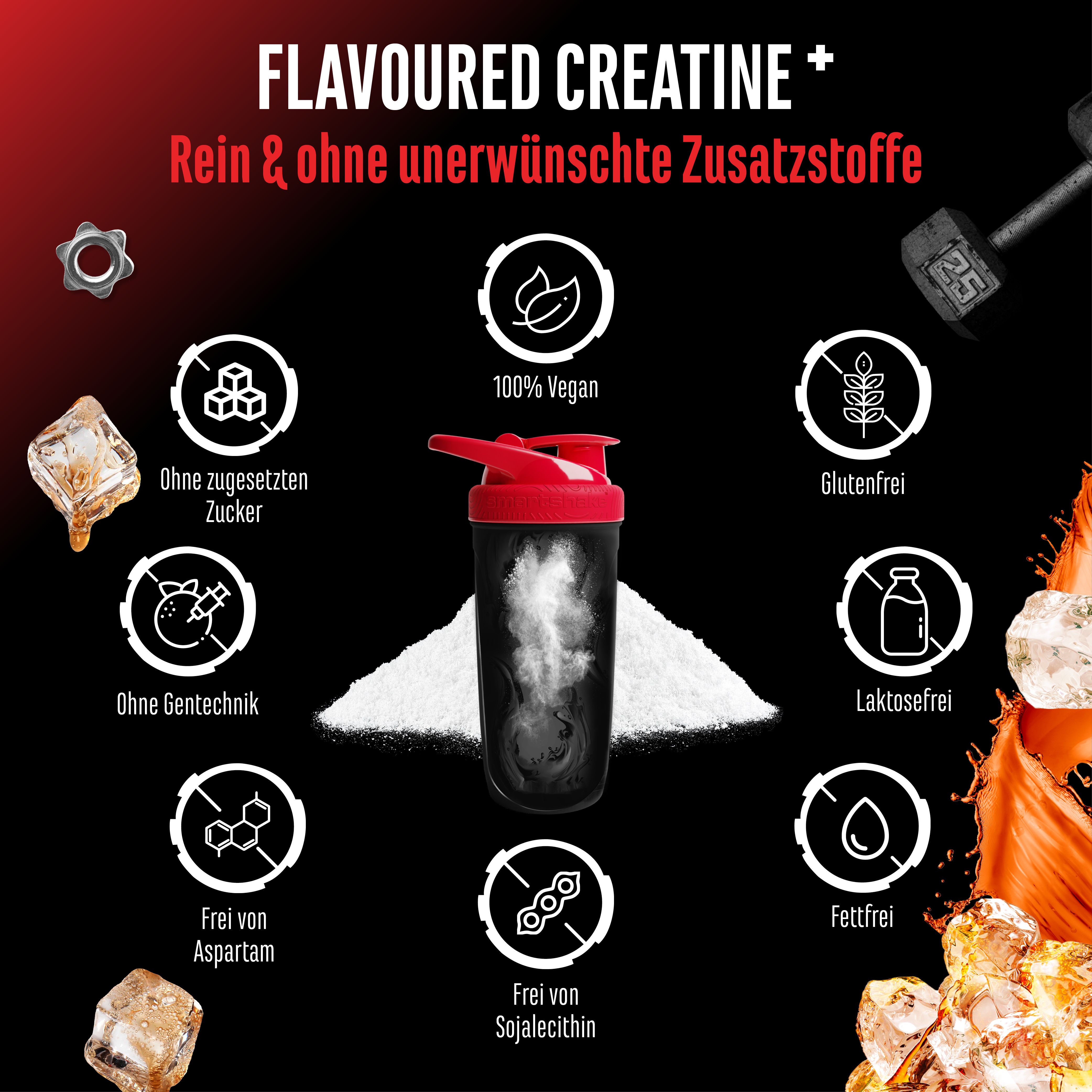 Shaker mit Pulver und Icons. 100% Vegan, ohne Zucker, ohne Gentechnik, frei von Aspartam, Sojalecithin, Gluten, Laktose, Fett.