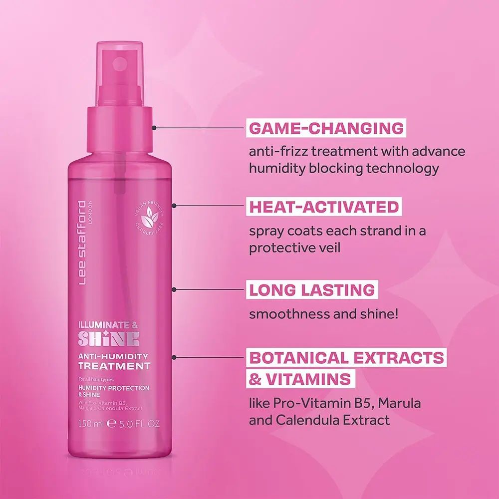 Rosa Haarspray-Flasche. Text: Lee Stafford, Illuminate & Shine, Anti-Humidity Treatment. Botanische Extrakte & Vitamine.
