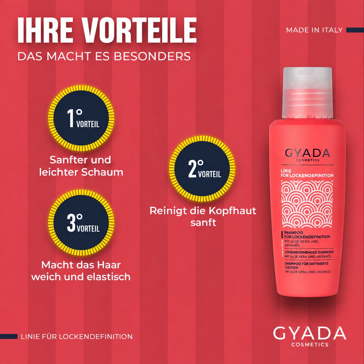 GYADA Cosmetics Locken-Shampoo, orangefarbene Flasche mit weißem Muster. Vorteile: sanfter Schaum, reinigt Kopfhaut, macht Haar weich.