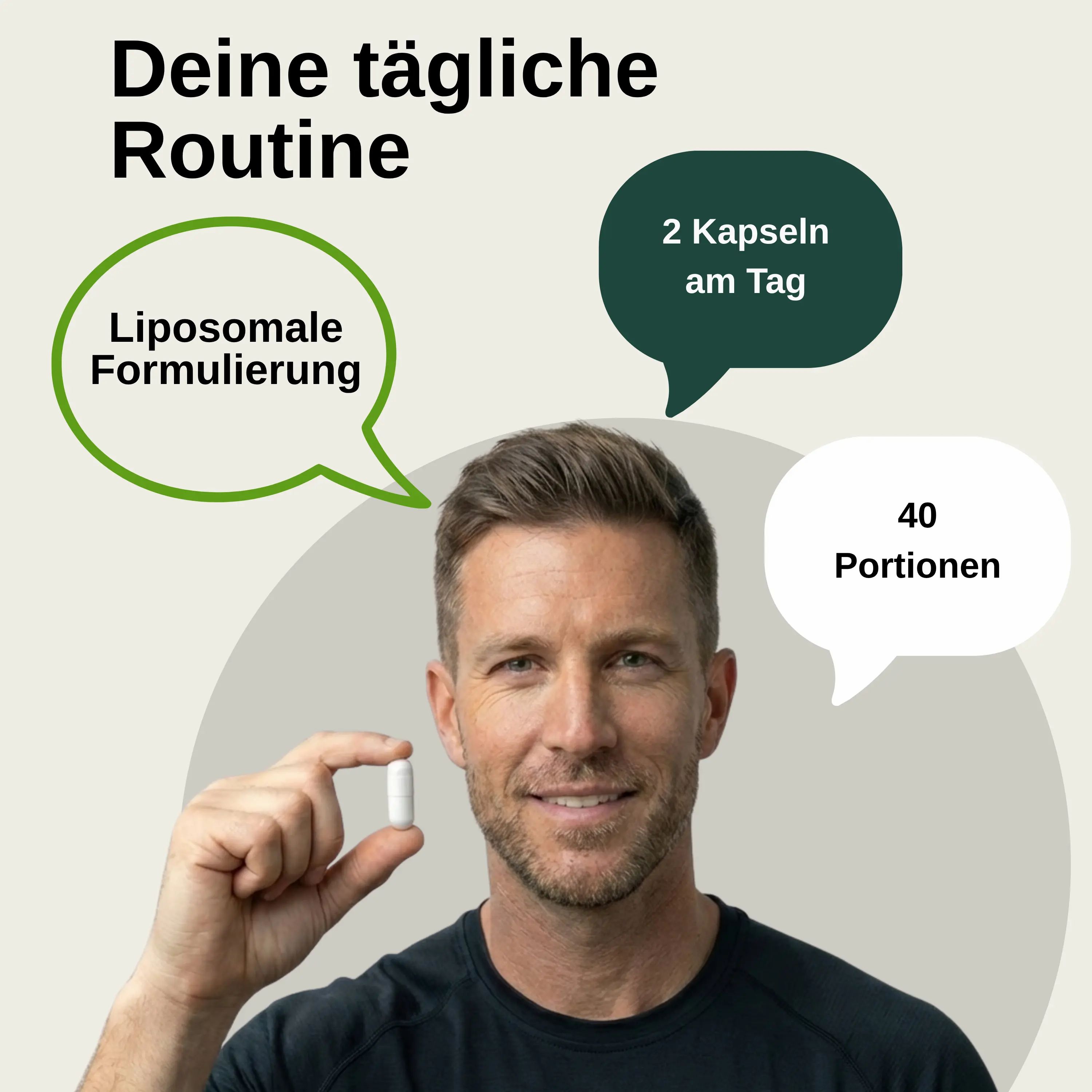 Mann hält eine Kapsel. Sprechblasen: Liposomale Formulierung, 2 Kapseln täglich, 40 Portionen.