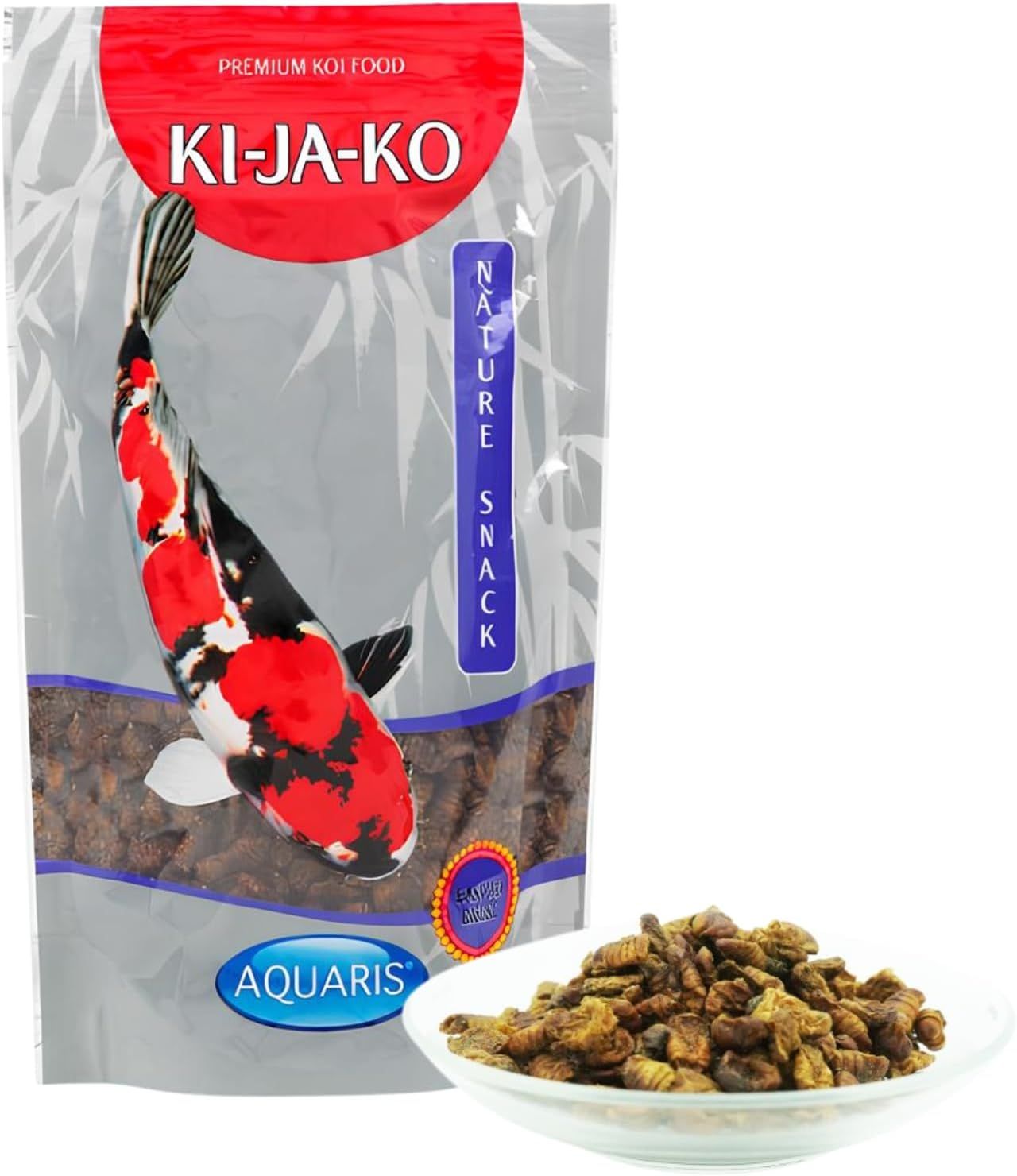KI-JA-KO Koifischfutter Nature Snack in einer Tüte. Daneben eine Schale mit Futter. Aquaris-Logo.