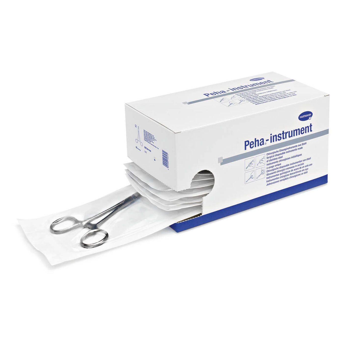 Verpackung mit chirurgischen Klemmen. Karton mit Produktname. Klemmen in sterilen Beuteln.