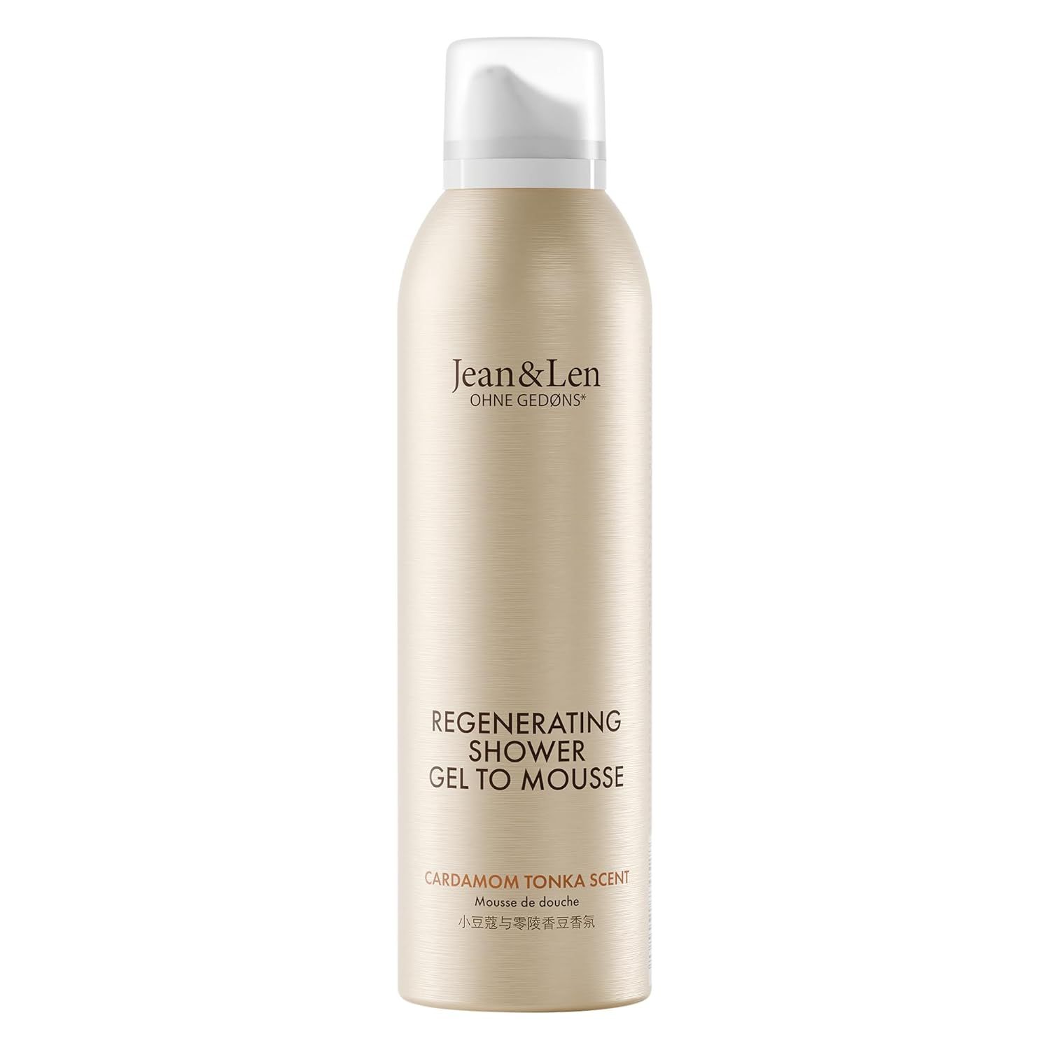 Beige Flasche mit weißem Pumpkopf. Aufschrift: Jean & Len, Regenerating Shower Gel to Mousse, Cardamom Tonka Scent.