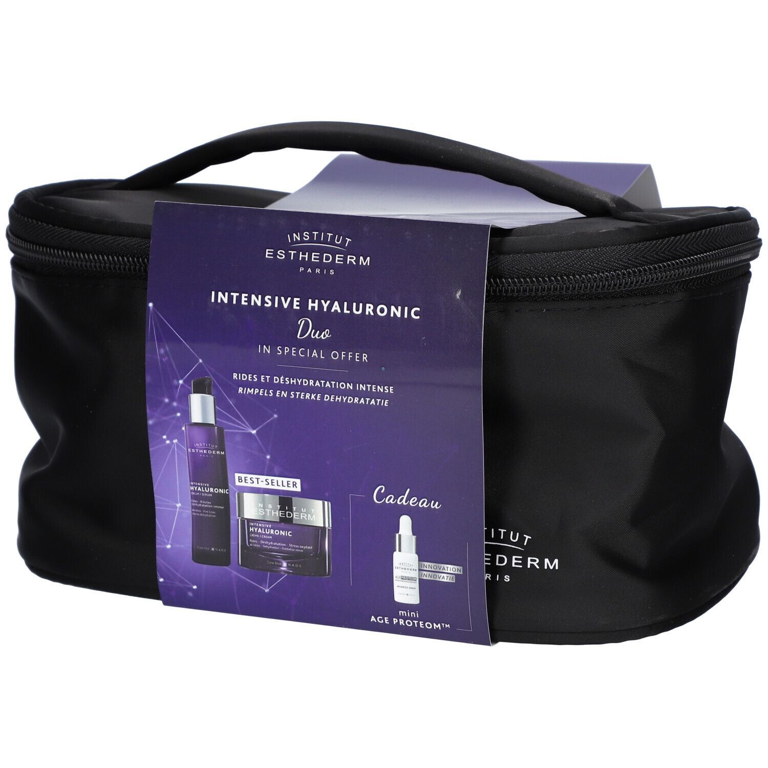 Schwarze Kosmetiktasche mit Griff und Produktinformationen. Aufschrift: Institut Esthederm Paris, Intensive Hyaluronic Duo. Enthält Serum und Creme.
