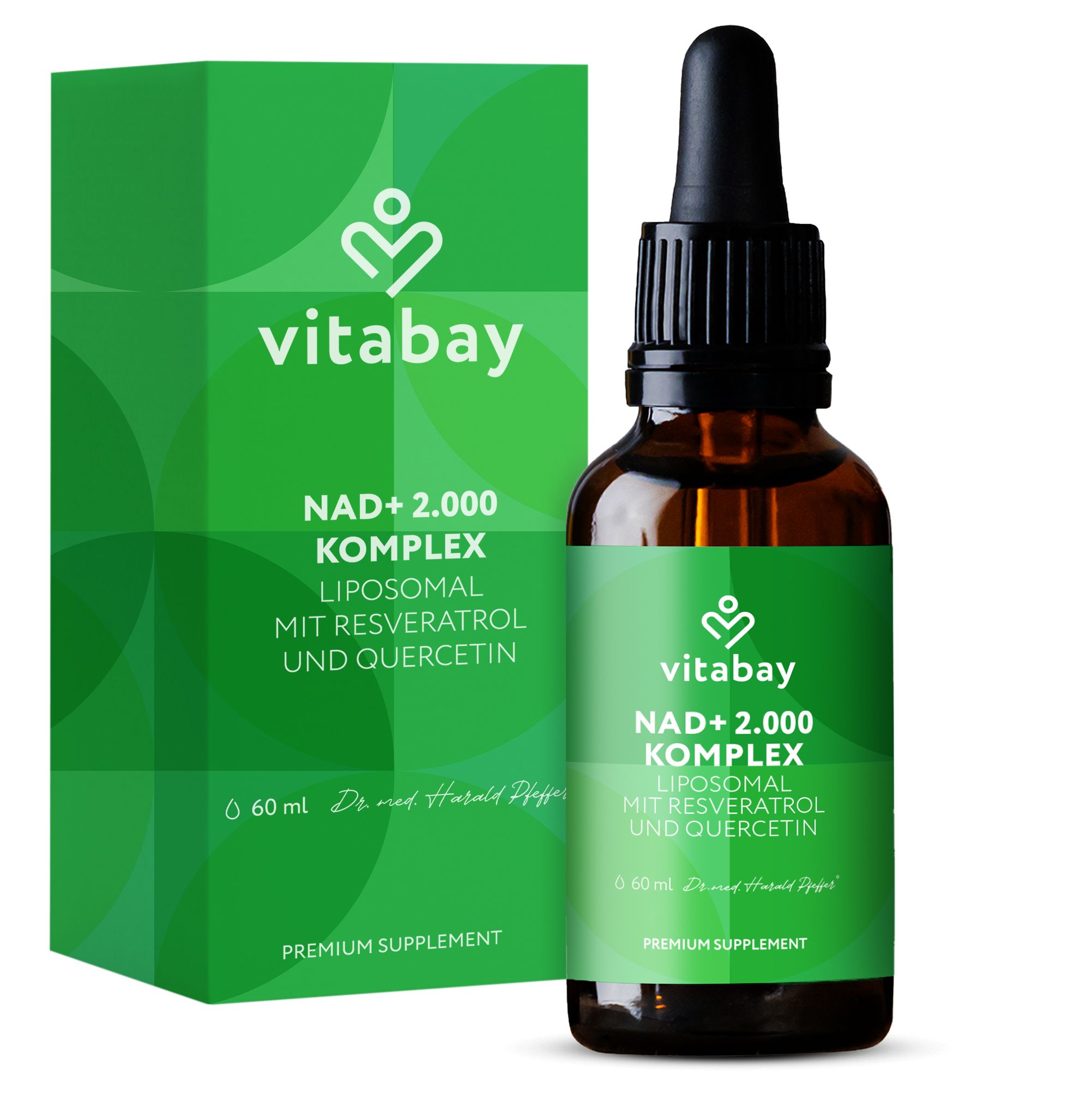 Vitabay NAD+ 2.000 Komplex liposomale Tropfen mit Resveratrol und Quercetin in Braunglasflasche mit Pipette und grüner Faltschachtel.