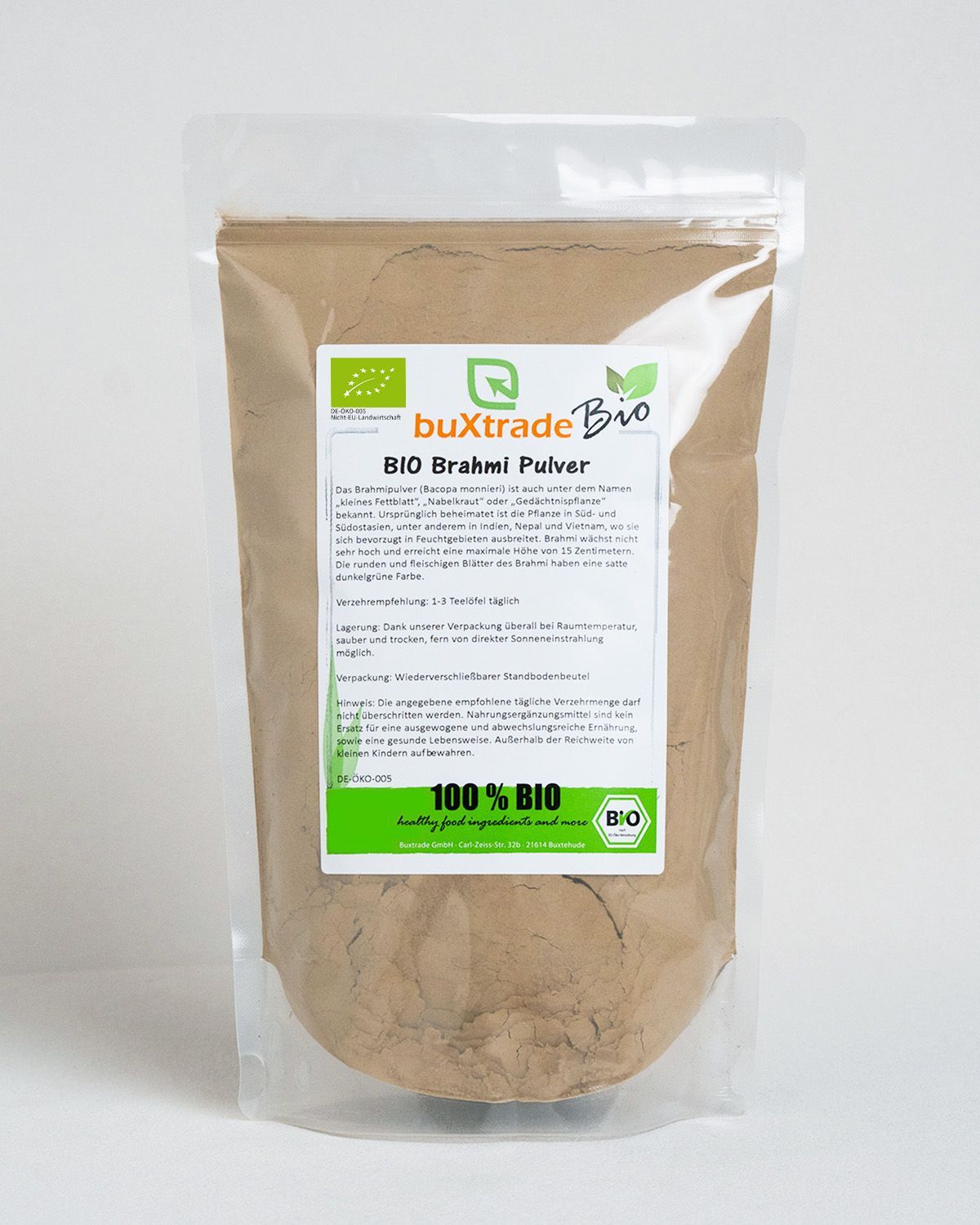 Verpackung von buXtrade Bio Brahmi Pulver mit Bio-Siegel.