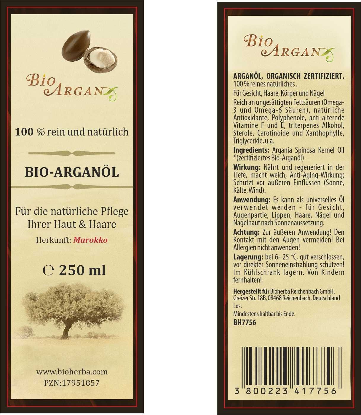 Etikett von Bio Arganöl. Text: Bio Argan, 100% rein und natürlich, BIO-ARGANÖL, für Haut & Haare, Herkunft Marokko, 250 ml. Zertifiziert.
