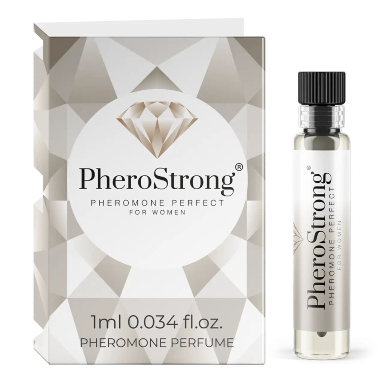 Flakon und Verpackung mit Produktnamen und Schriftzug. 1ml Flakon. Pheromon-Parfüm.