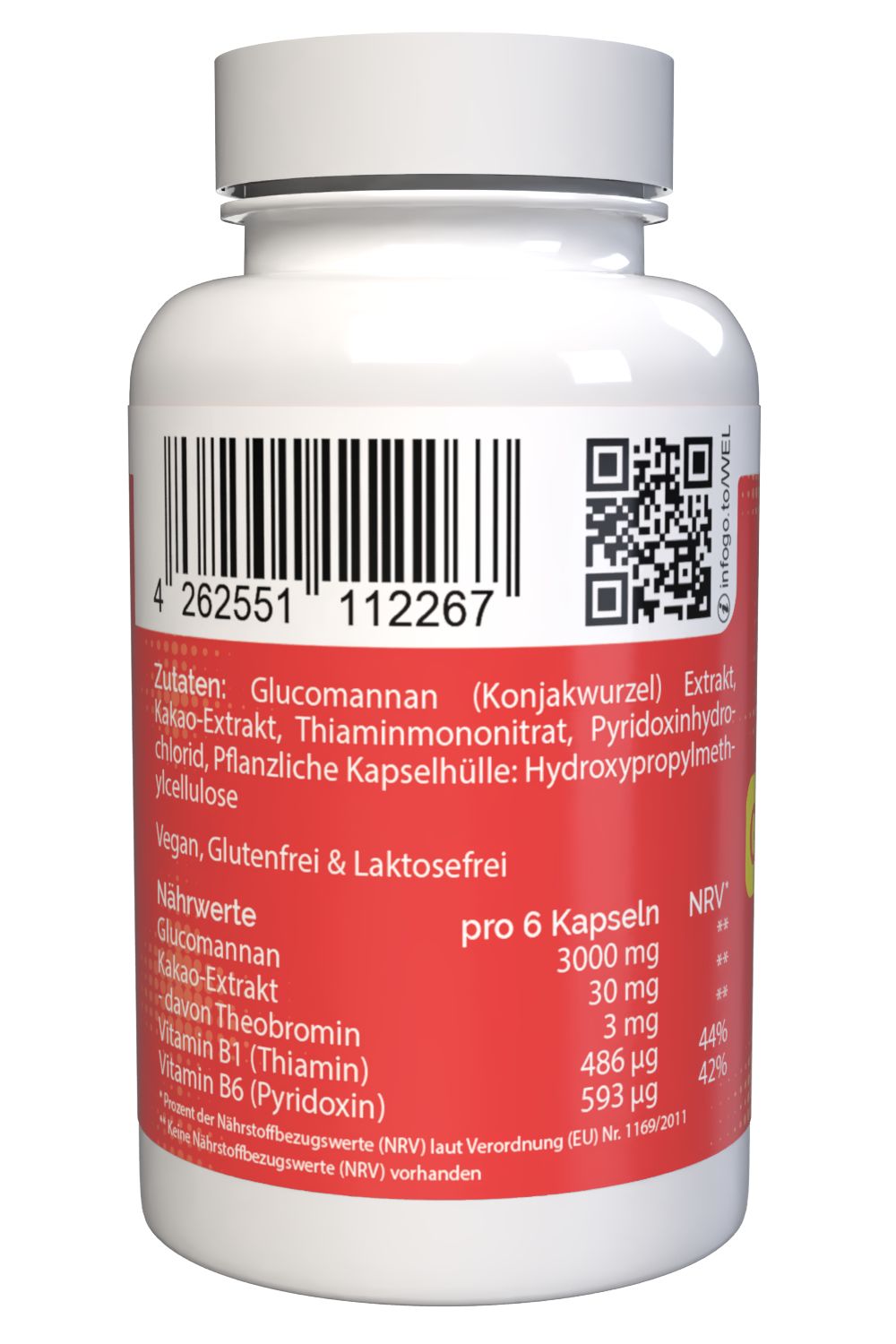 Weiße Flasche, Rückseite mit rotem Etikett. Zutatenliste, Nährwerte, QR-Code und Barcode. Vegan, glutenfrei & laktosefrei.