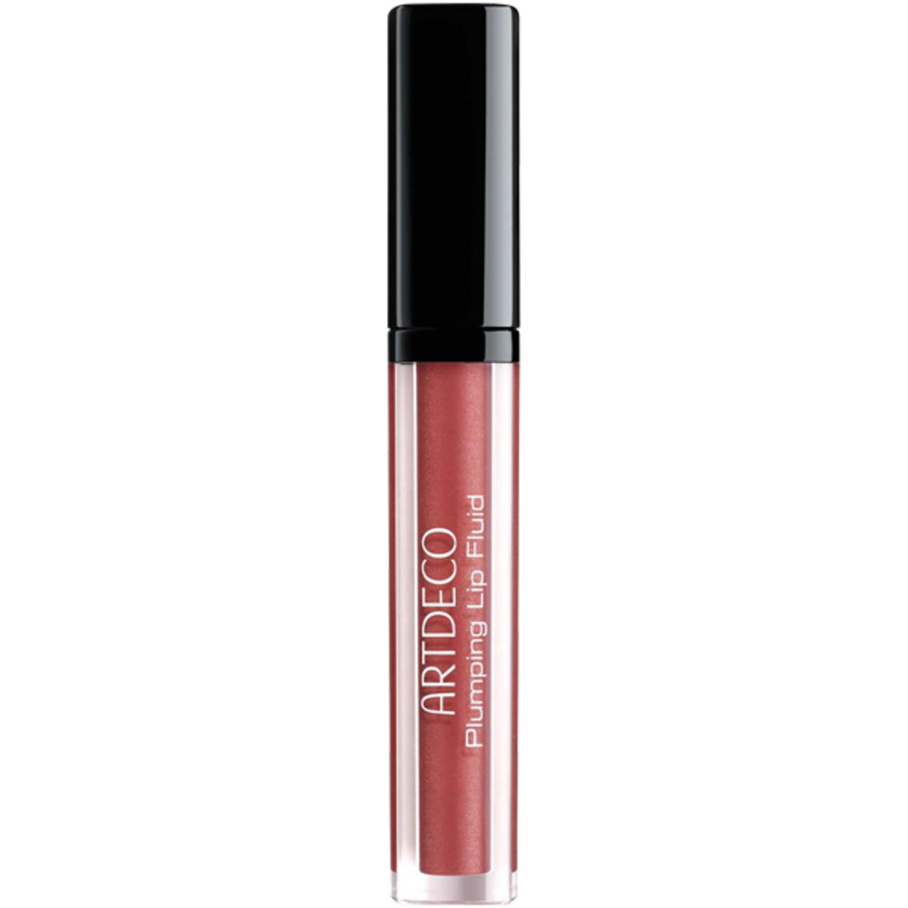 Artdeco Plumping Lip Fluid. Transparentes Fläschchen mit schwarzem Deckel. Produktname und -marke deutlich sichtbar.