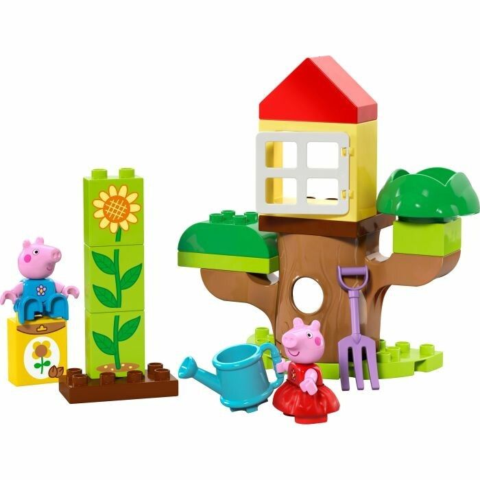LEGO Duplo Set. Baumhaus, Peppa Pig Figuren, Blumen, Gießkanne und Zubehör. Bunte Bausteine.