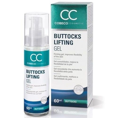 Gel-Flasche und Schachtel. Aufschrift: Buttocks Lifting Gel. Marke: Cobeco Cosmetic. 60ml. Qualitätszeichen.