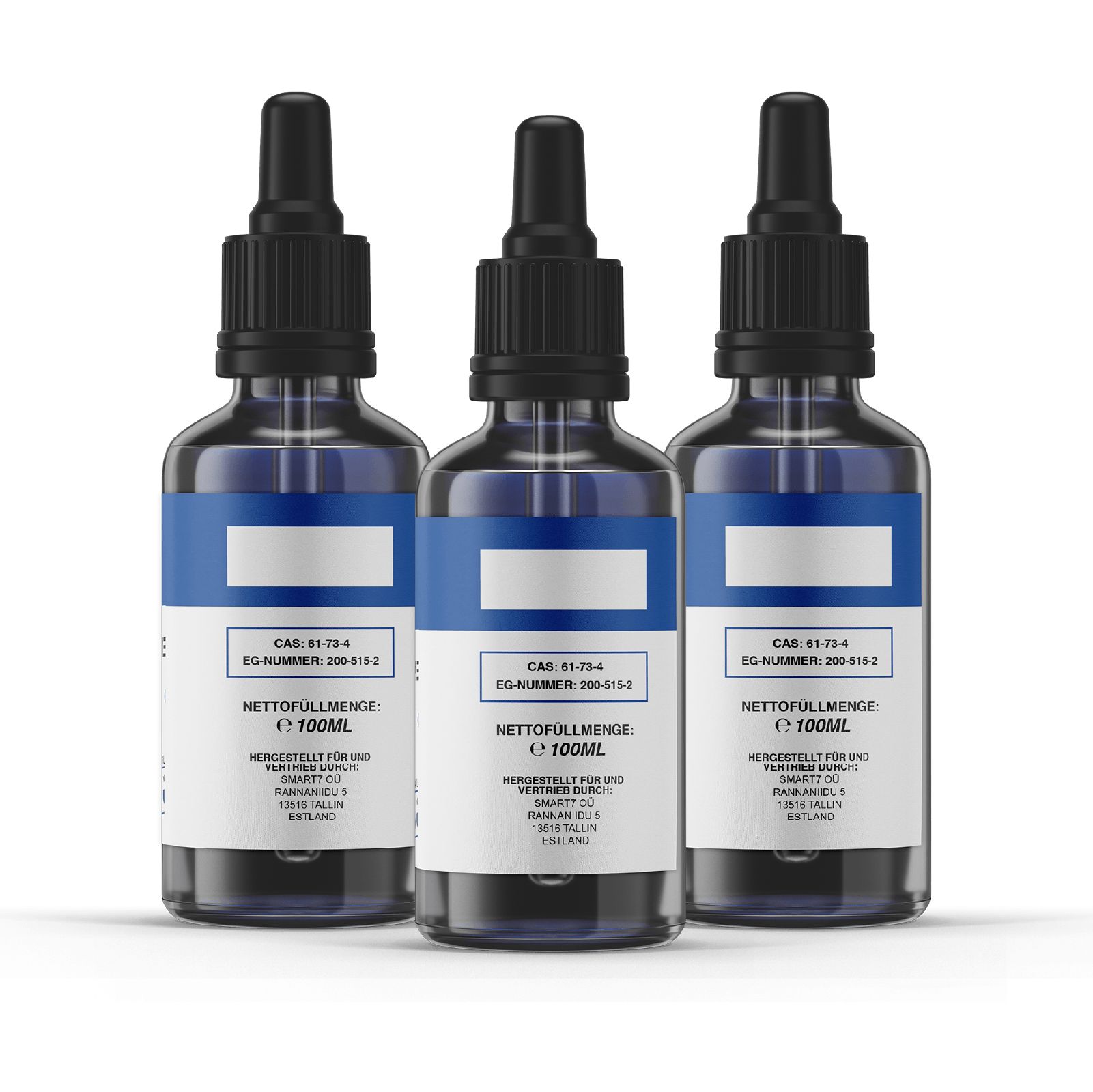 Drei Flaschen mit blauer Flüssigkeit und schwarzen Tropfern. Etiketten mit Informationen wie Nettomenge und Chargennummer.