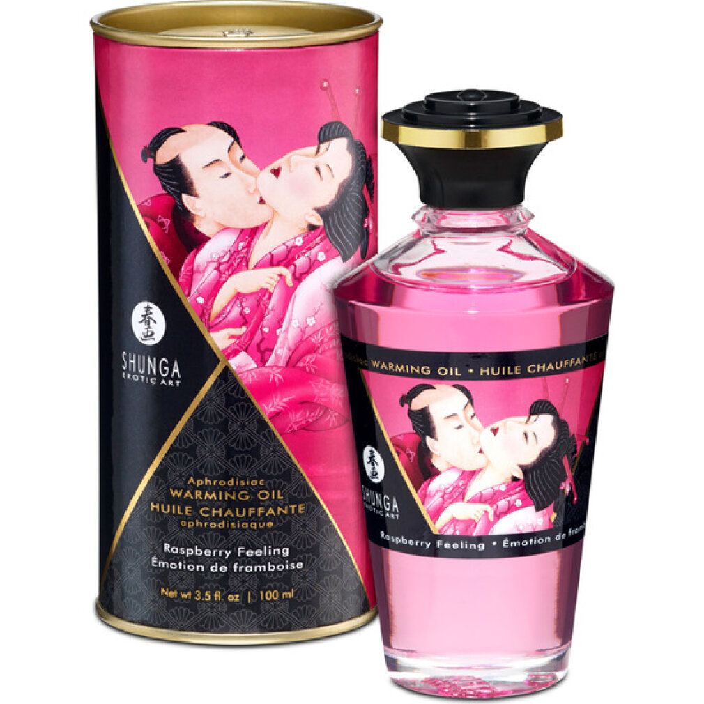 Shunga Warming Oil Flasche mit Himbeer-Motiv und passender Dose.