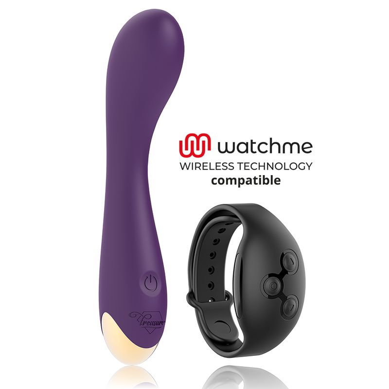 Vibrator in Lila mit goldfarbenem Ende. Schwarze Fernbedienung. Aufschrift: watchme kompatibel.