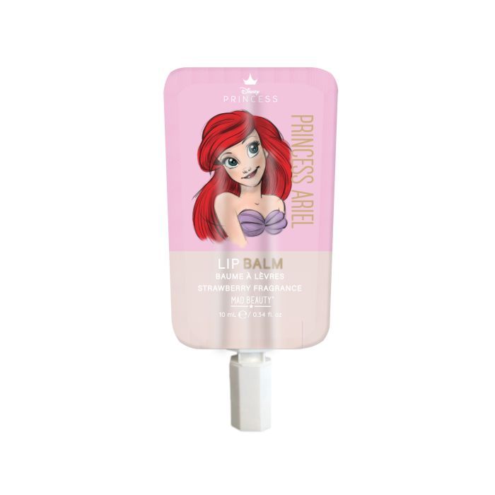 Lippenbalsam mit Ariel-Illustration. Rosa und weißes Verpackungsdesign. Text: Strawberry Fragrance, Princess Ariel, Lip Balm.