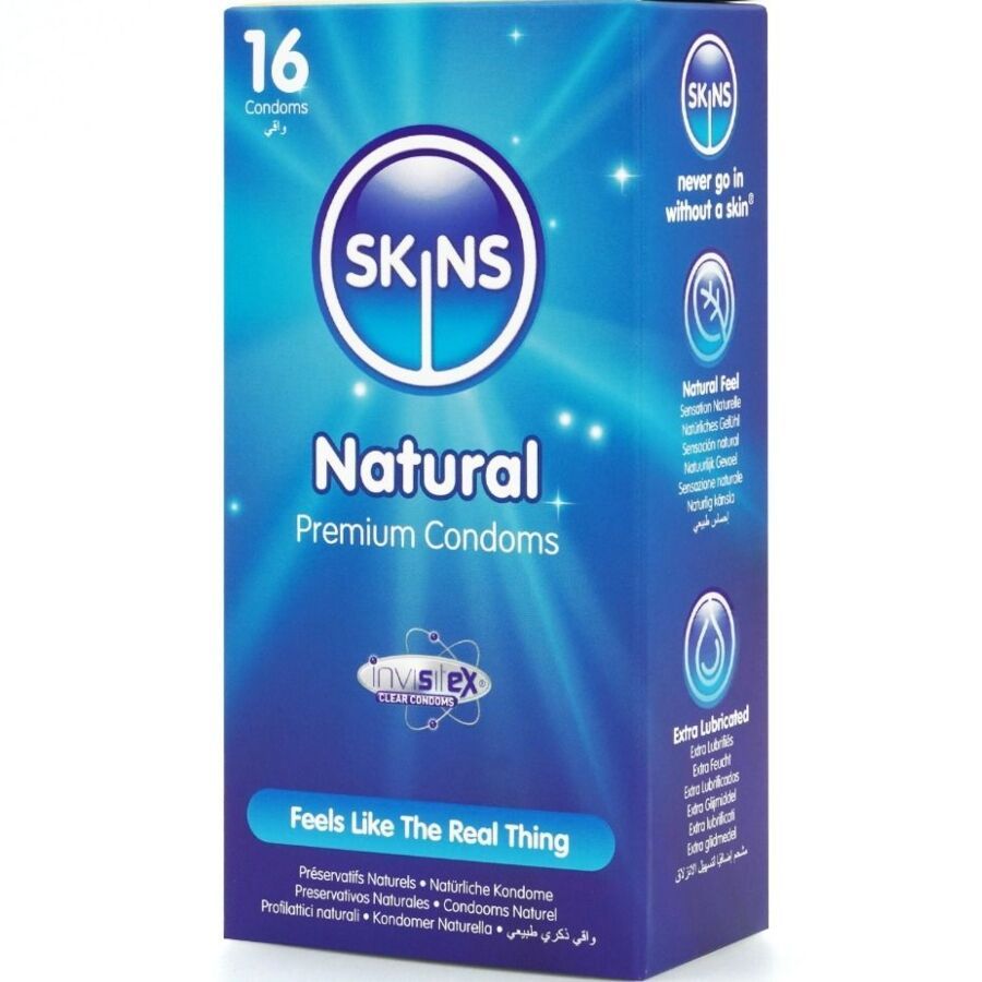 Verpackung mit 16 Kondomen. Marke: Skins Natural. Blaue Schachtel mit Produktbezeichnung und Logos. Text in mehreren Sprachen.