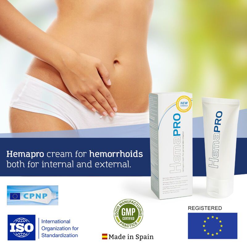 HemaPRO Creme und Verpackung. Frau im Hintergrund. Zertifizierungen: CPNP, ISO, GMP, Made in Spain.