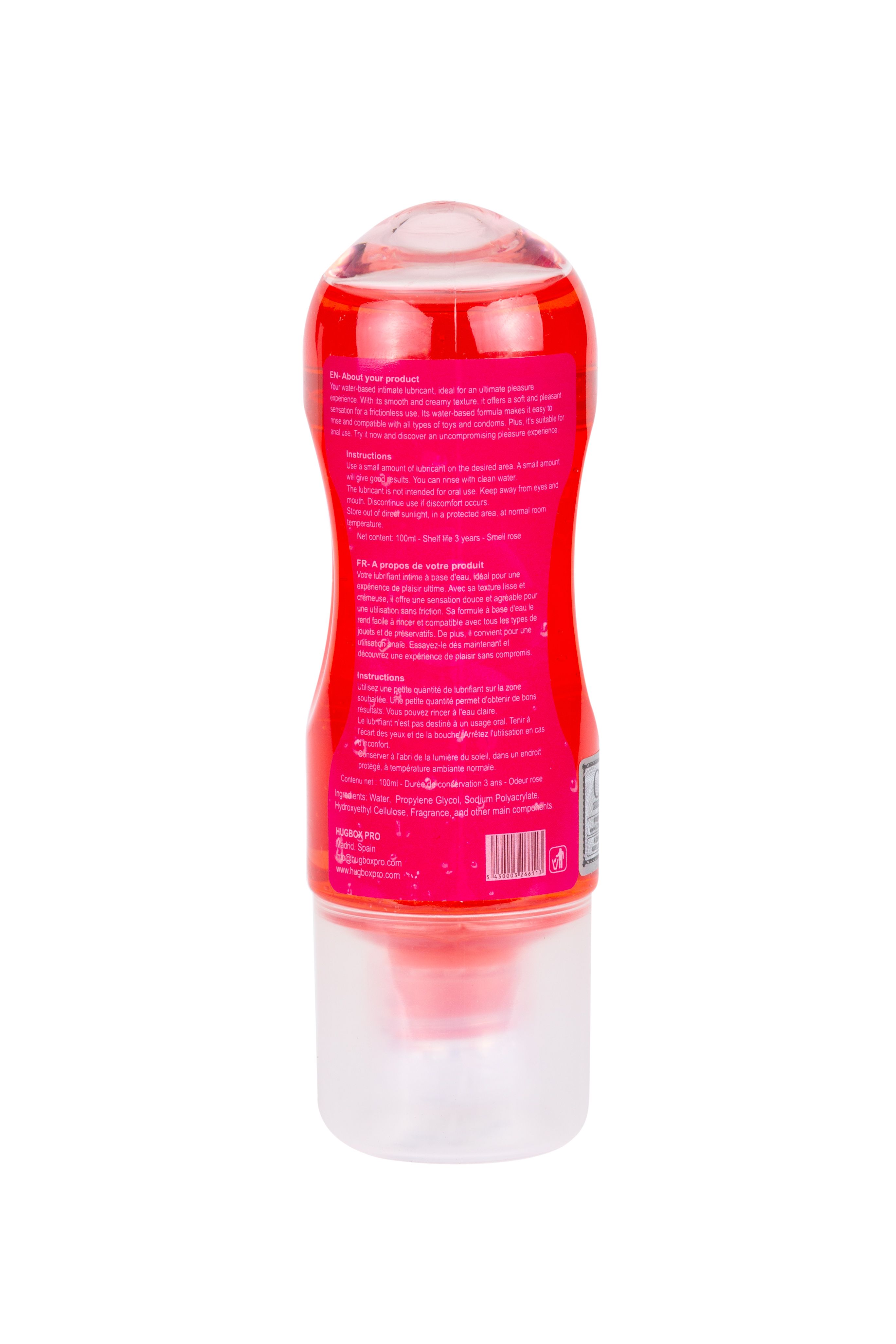Rote, durchsichtige Flasche mit rosa Flüssigkeit. Klarer Dosierkopf. Etikett mit Text und Barcode. Produktname nicht sichtbar.
