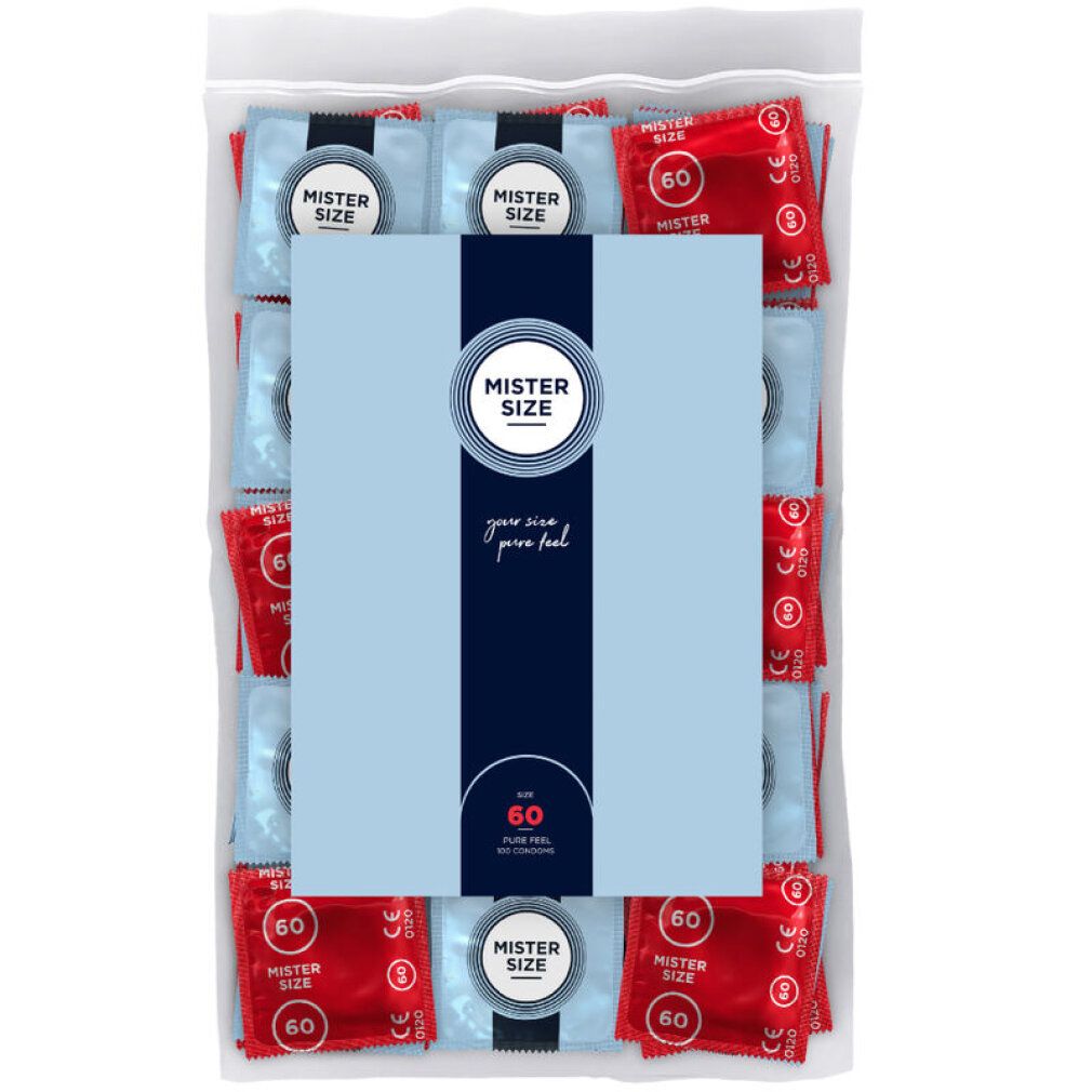 Verpackung mit Kondomen. Sichtbar: Mister Size, 60 Stück. Rote und blaue Einzelverpackungen in einer transparenten Tüte.
