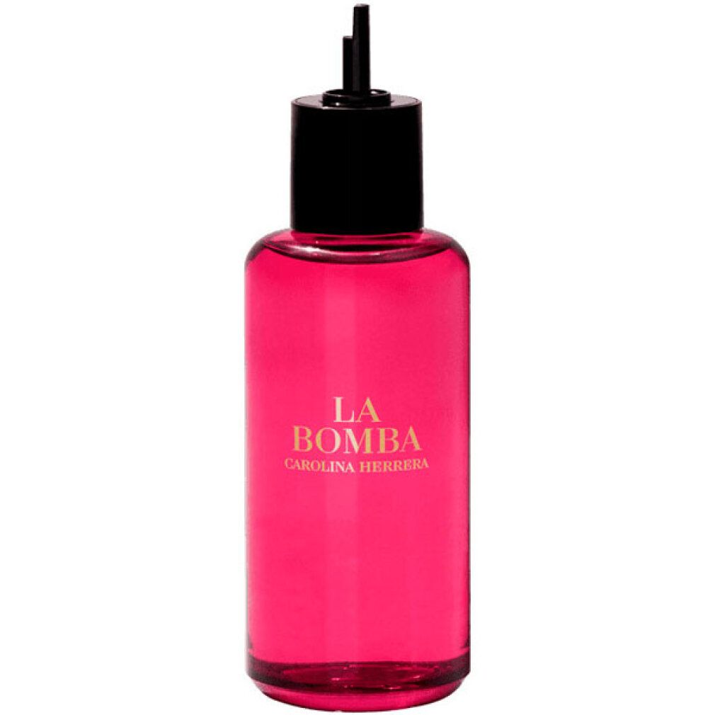 Rosa Flakon mit schwarzem Verschluss. Aufschrift: LA BOMBA, CAROLINA HERRERA.
