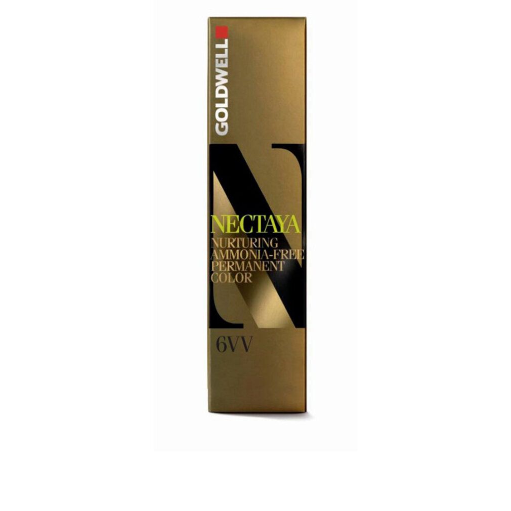 Goldwell Nectaya Haarfarbe. Goldene Verpackung mit schwarzem 'N' und Produktinformationen. 6VV.