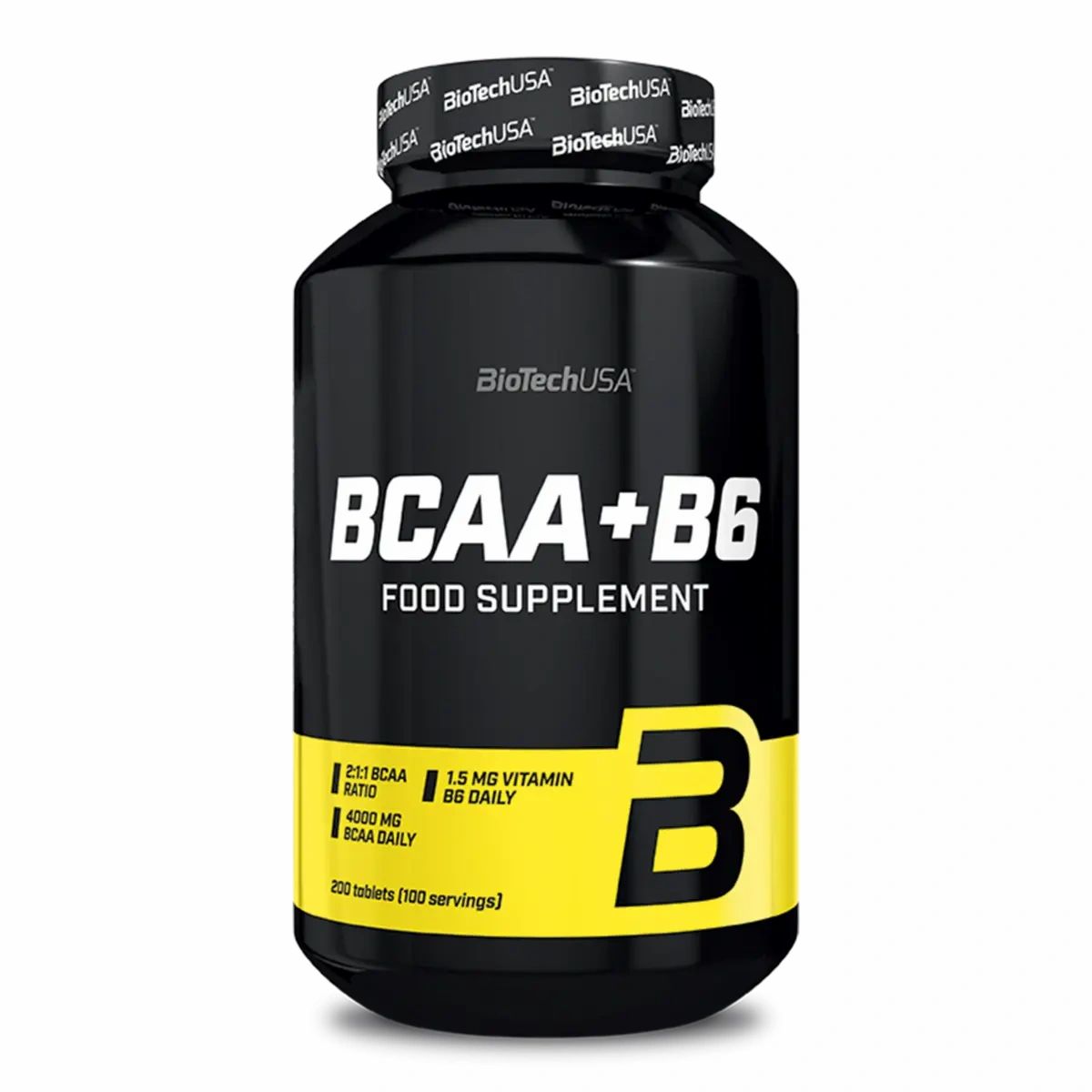 Schwarze Flasche mit gelbem Etikett. Aufschrift BCAA+B6, Nahrungsergänzungsmittel. Enthält 200 Tabletten. Marke: BioTechUSA.