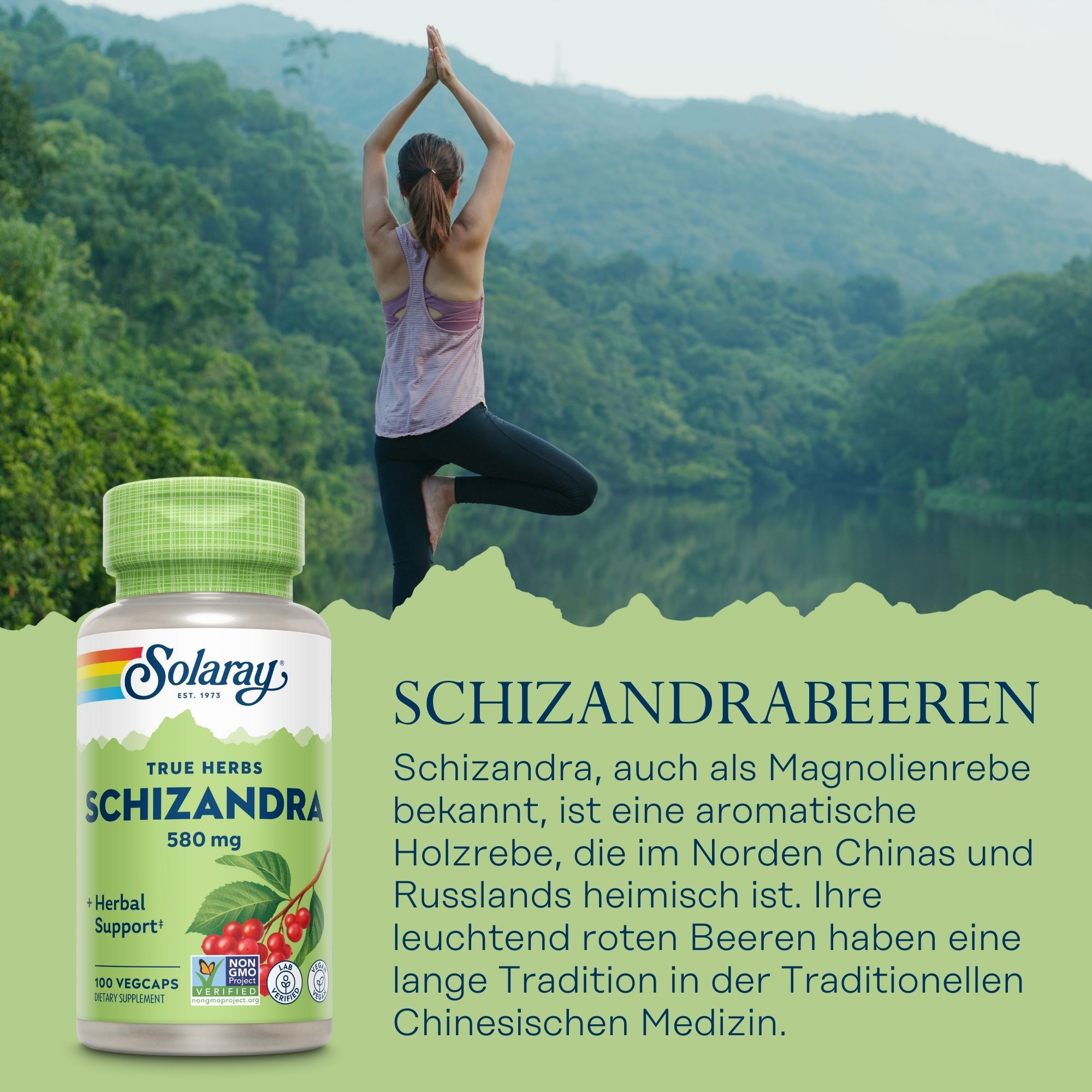 Solaray Schizandrabeeren 580 mg. Grüne Kapsel-Dose mit weißem Etikett. Aufschrift: Schizandra, 580 mg, 100 Vegcaps. Frau macht Yoga.