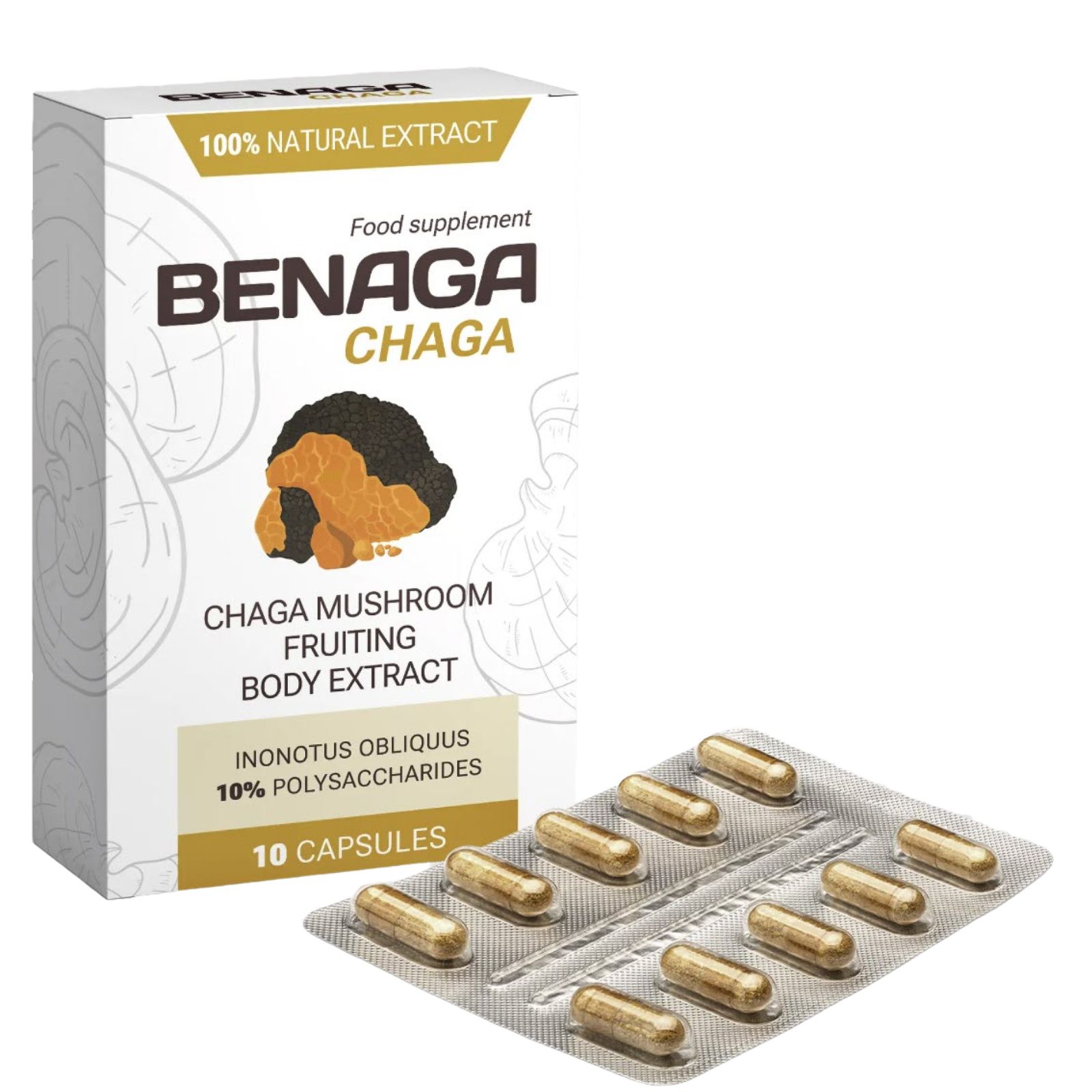 Weiße Schachtel mit "BENAGA CHAGA"-Logo und Chaga-Pilz-Illustration. Daneben Blisterpackung mit Kapseln. Text: "100% Natural Extract", "10 Capsules".