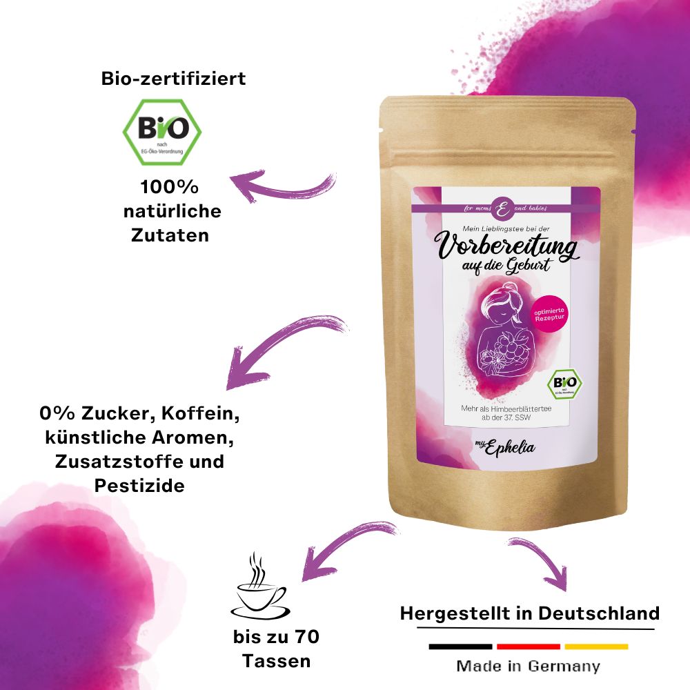 Produktverpackung mit Pfeilen und Texten: Bio-zertifiziert, 100% natürliche Zutaten, 0% Zucker, Koffein, Aromen, Pestizide.