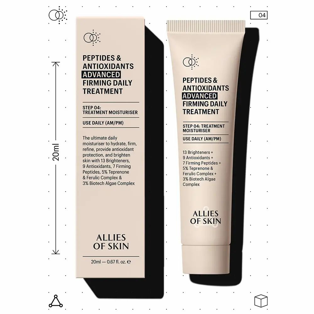 Beige Tube und Verpackung mit Text: Peptides & Antioxidants, Advanced Firming Daily Treatment. Marke: ALLIES OF SKIN. 20ml. Abmessungen.