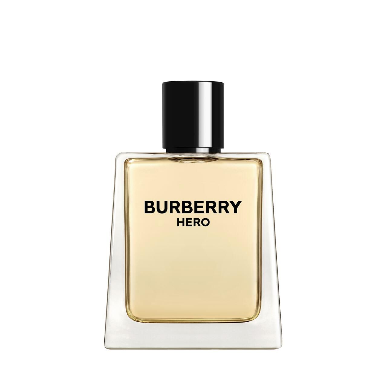 Burberry Hero E.d.T. Nat. Spray. Eckiger Flakon mit schwarzem Verschluss. Aufschrift: BURBERRY HERO.