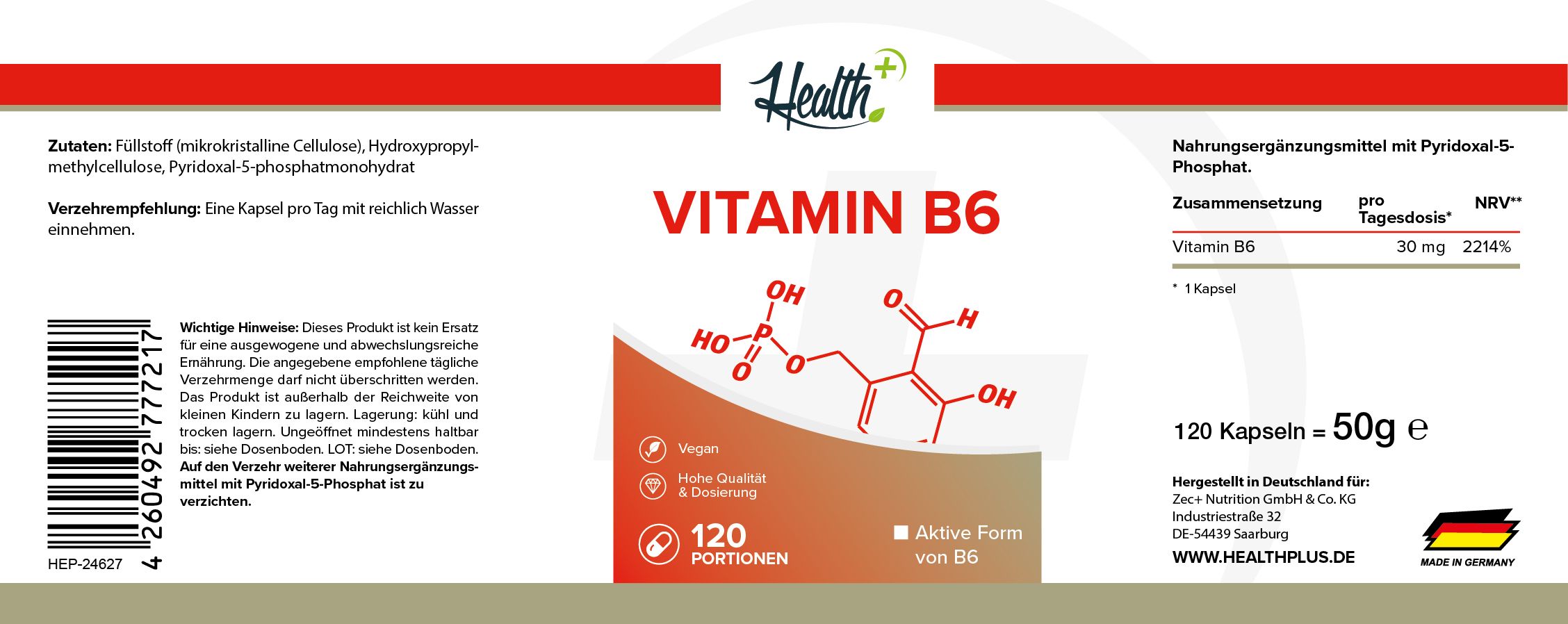 Etikett mit Text: Vitamin B6, 120 Portionen, 50g. Chemische Formel. Vegan, glutenfrei. Logo und Herstellerinformationen.