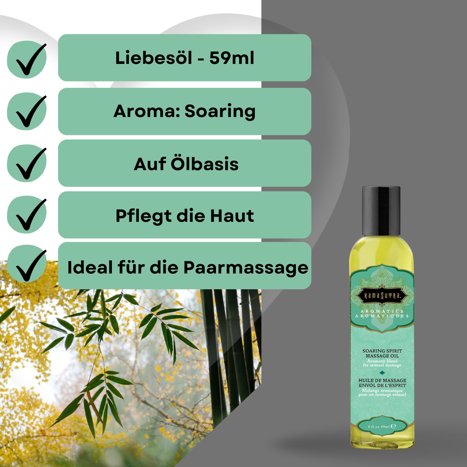 Kamasutra Massageöl mit Aroma Soaring. Flasche neben Infografik mit Text. Hintergrund mit Bambus und Blättern.