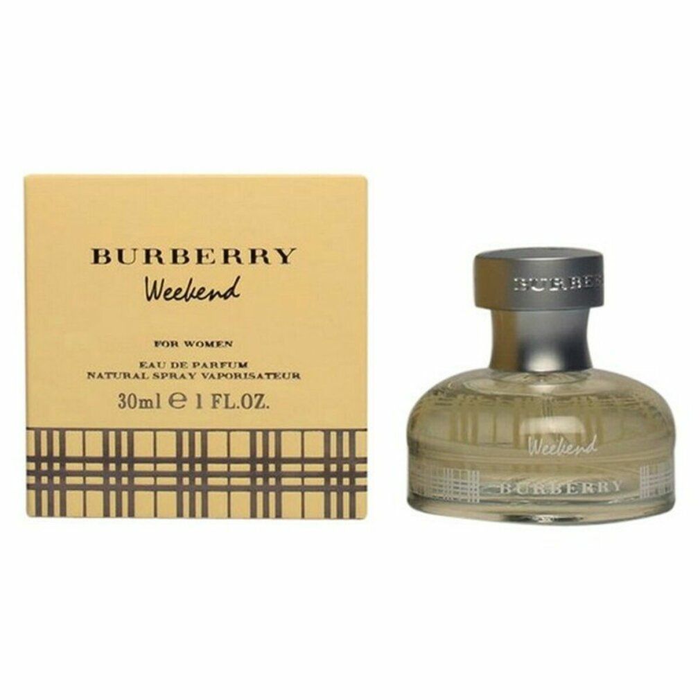 Burberry Weekend Eau de Parfum Spray für Damen. Flakon und Verpackung. Beige karierte Verpackung. 30ml.