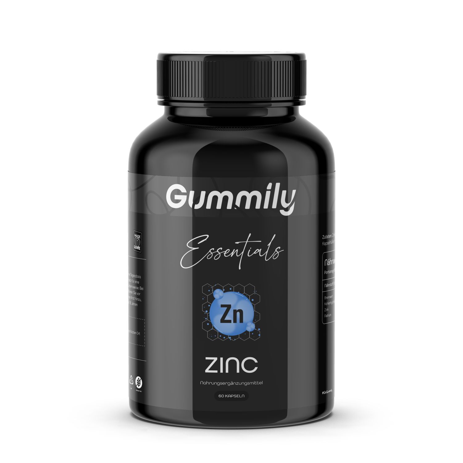 Schwarze Flasche mit Gummily Essentials Zink-Kapseln. Aufschrift: Zink, Zn-Symbol.