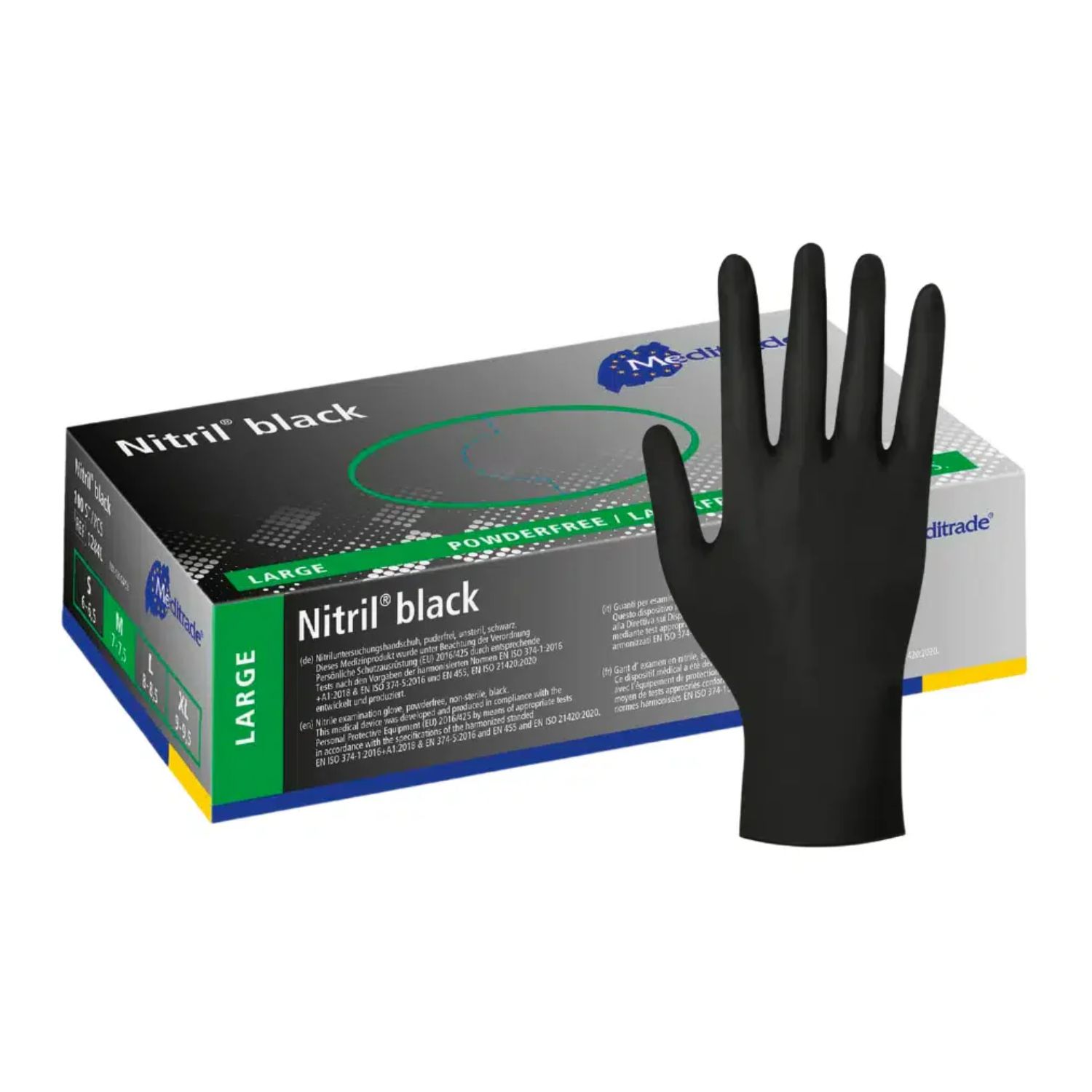 Schwarze Nitril-Handschuhe neben Verpackung. Handschuh mit fünf Fingern. Verpackung mit Produktbezeichnung und Logo.