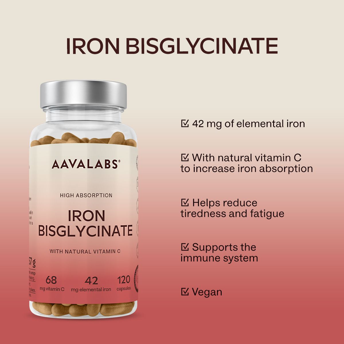 Flasche Aavalabs Eisenbisglycinat mit Vitamin C und Liste der Vorteile.