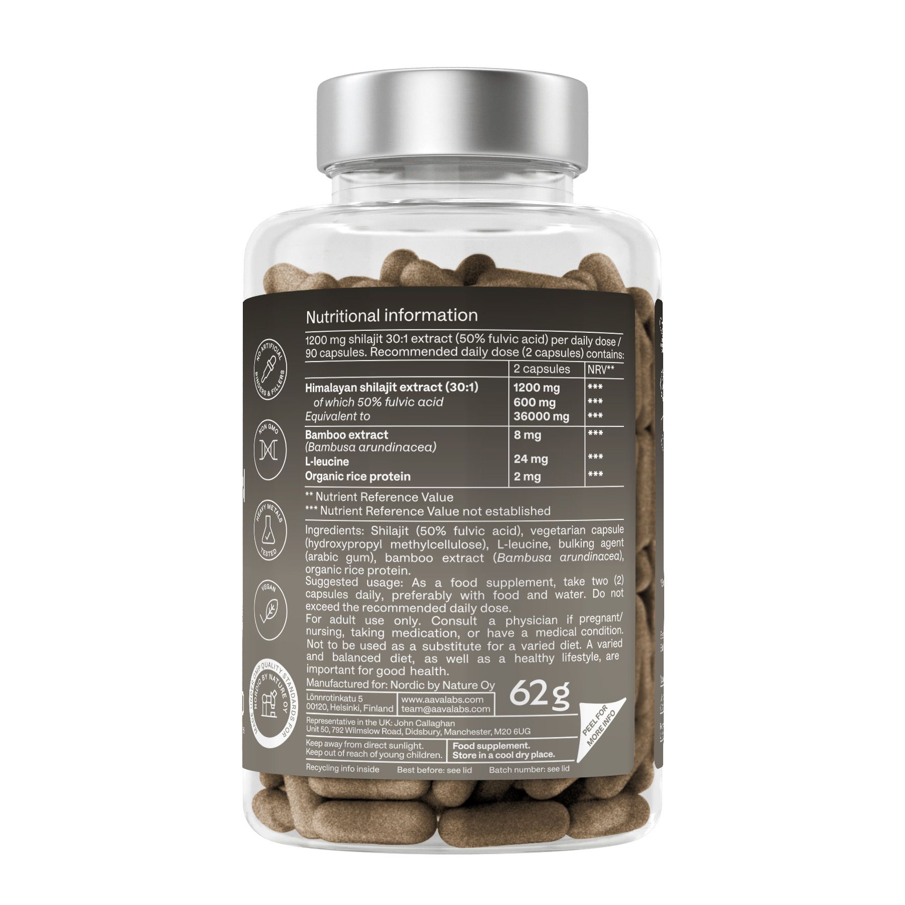 Rückseite der Kapsel-Flasche mit Nährwertangaben. Enthält Himalaya Shilajit Extrakt, Bambus Extrakt, L-Leucin.