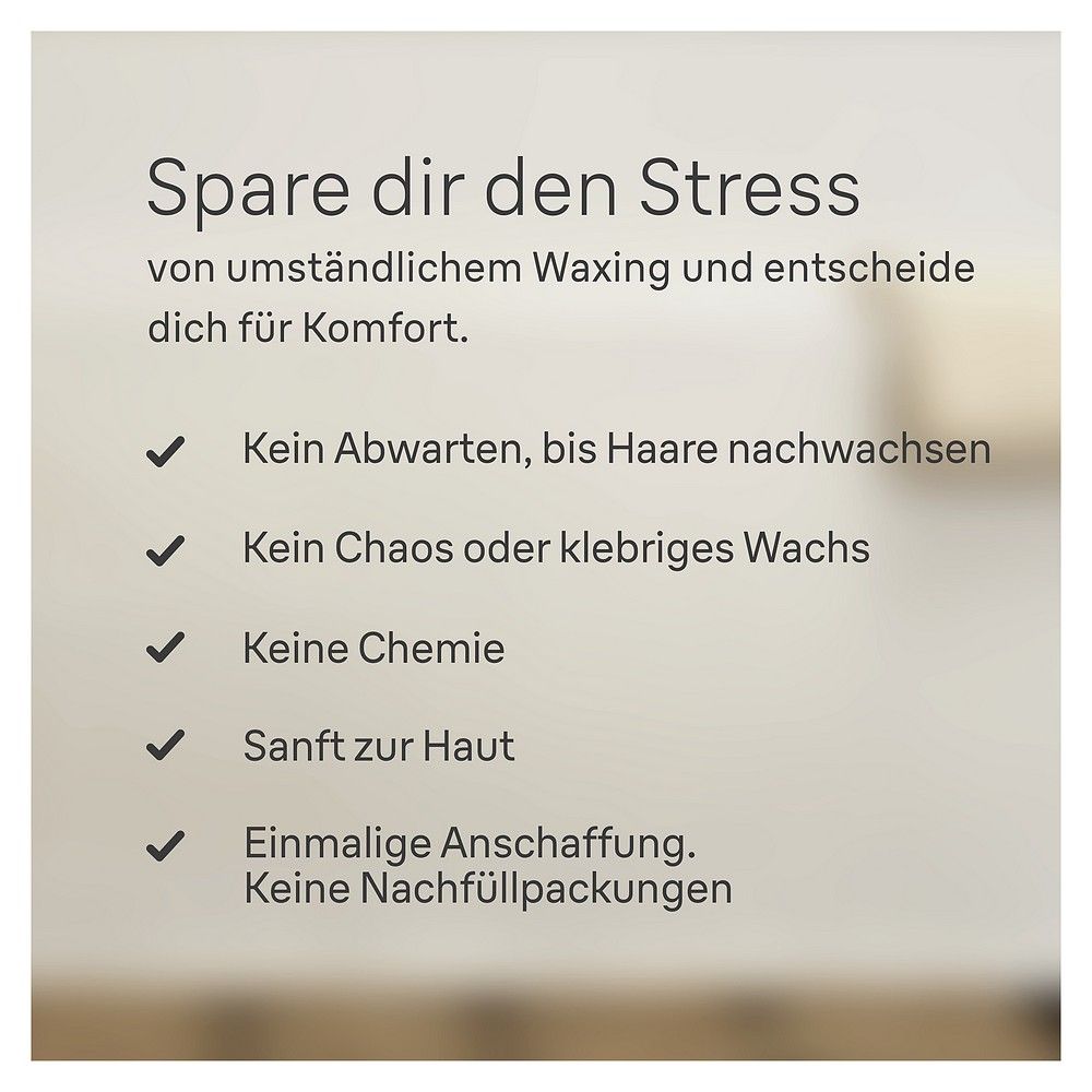 Textliste mit Vorteilen des Braun Silk-épil 7: Kein Warten, kein Chaos, keine Chemie, sanft, einmalige Anschaffung.