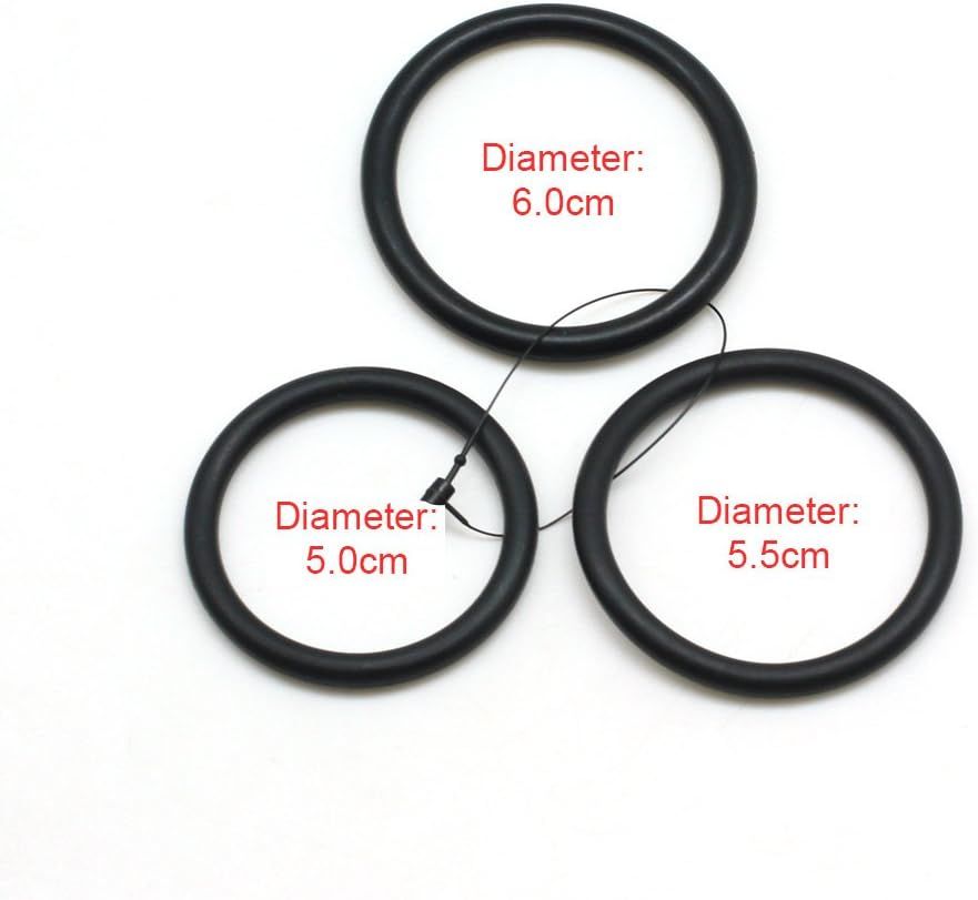 Drei schwarze Ringe mit Durchmessern von 5,0 cm, 5,5 cm und 6,0 cm.