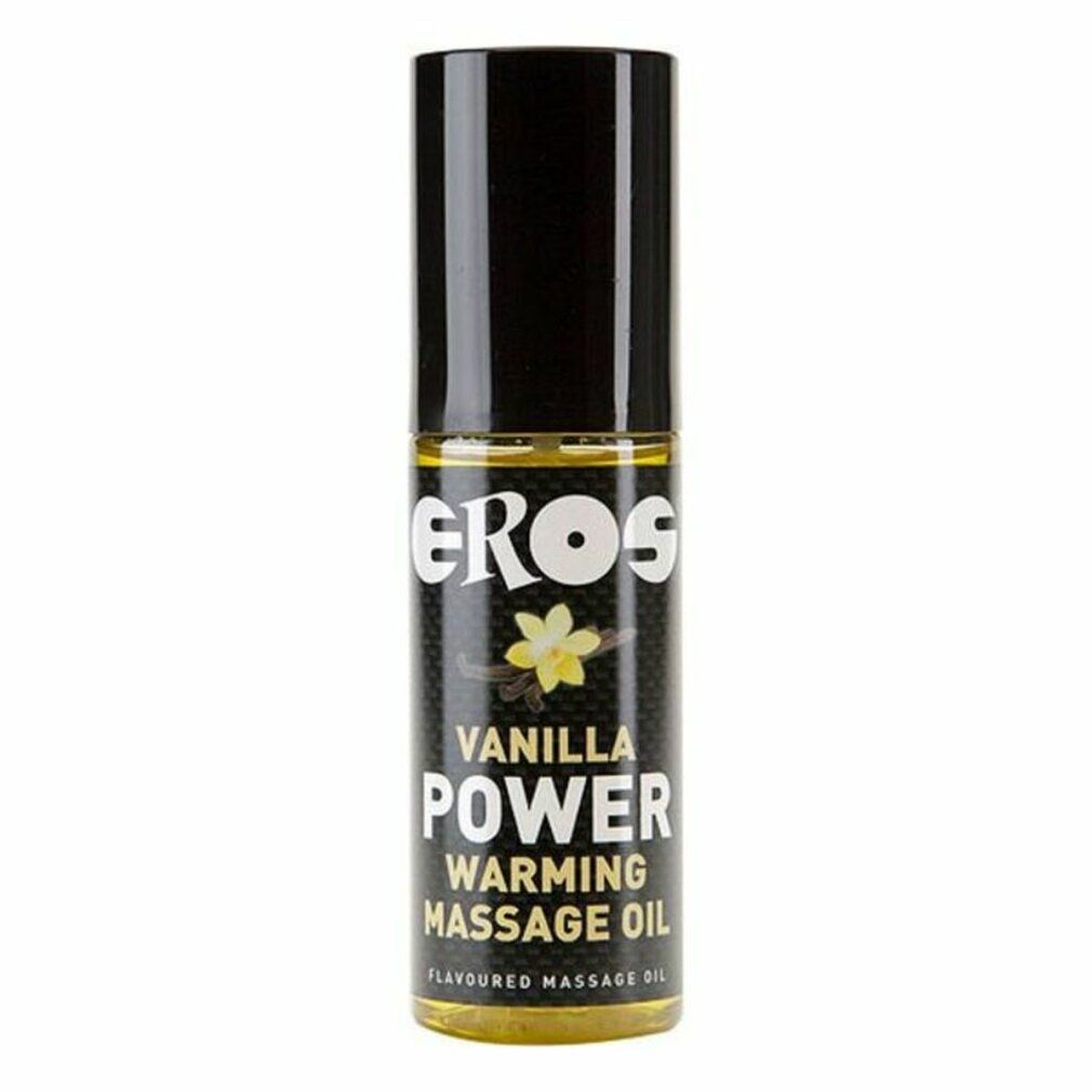 Zylindrische Flasche mit schwarzem Deckel. Aufschrift: EROS, VANILLA POWER, WARMING MASSAGE OIL. Gelbe Flüssigkeit sichtbar.