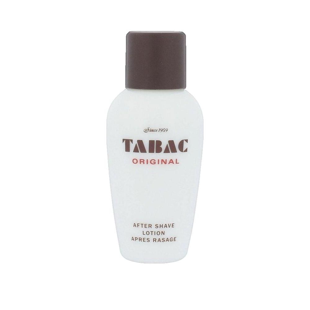 Weiße Flasche mit braunem Deckel. Aufschrift: TABAC ORIGINAL, After Shave Lotion. Flasche steht aufrecht.